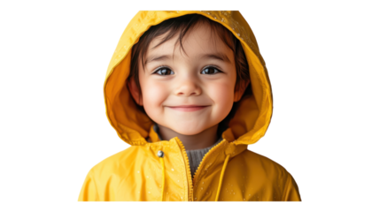 A cheerful young child wearing a bright yellow raincoat smiles warmly at the camera, radiating joy and innocence in an indoor setting.