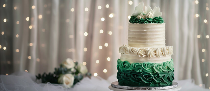 Two tier layered white green wedding cake romantic floral elegant tiered buttercream roses vintage celebration classic dessert reception decor banner copy space background blurred soft fairy lights ad