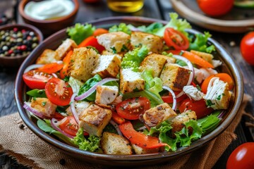 Salad with vegetables croutons and chicken