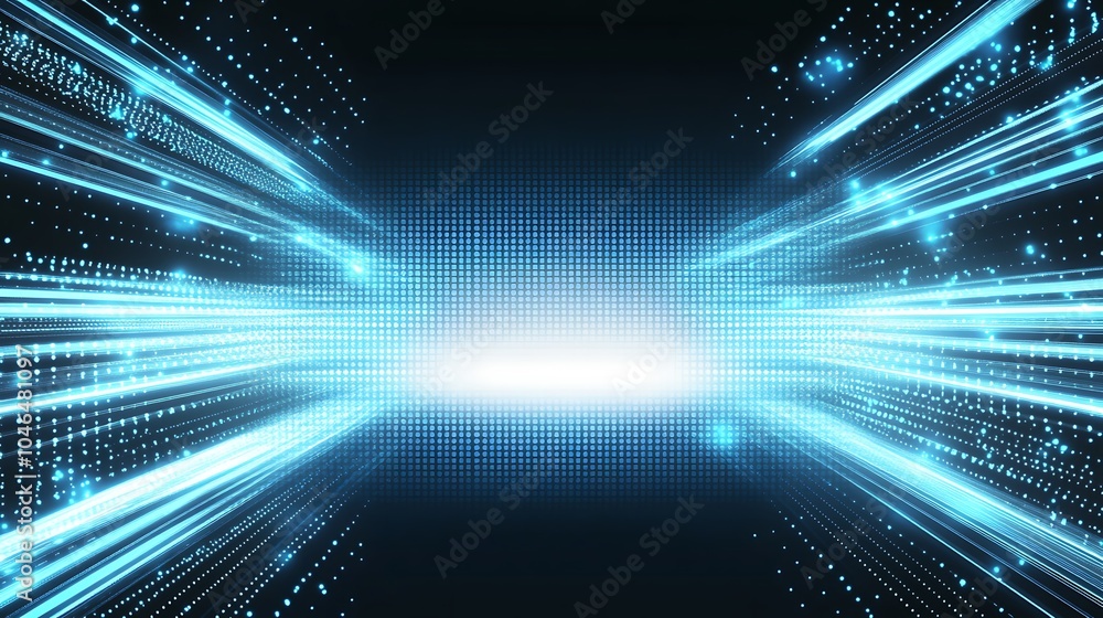 Poster abstract blue and white light streaks on a black background, creating a futuristic and digital effec
