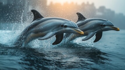Fototapeta premium Two dolphins leaping from the water at sunrise.