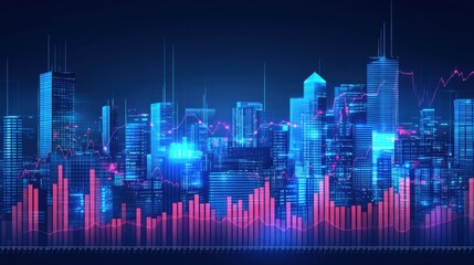 Obraz premium Futuristic cityscape with glowing lines and bars, representing growth and technology.