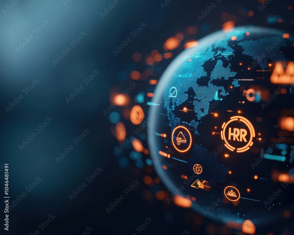 Poster digital globe with data icons and futuristic elements, white isolate background.