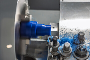 Inside view of a cnc machine. CNC lathe interior.Cnc machine. The CNC lathe machine or Turning machine. Turning numerical control machine with tools and chuck.