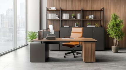 A modern office with a large window and a wooden desk