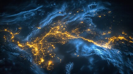 Obraz premium Satellite view of a country illuminated by city lights at night.