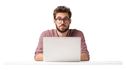 A young man with glasses sitting at a desk in front of a laptop, showing a thoughtful expression in a bright, minimal workspace.