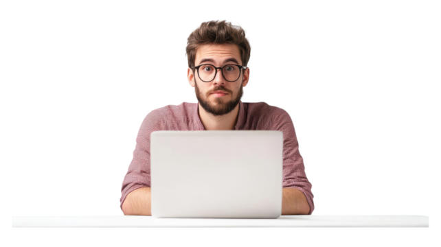 A young man with glasses sitting at a desk in front of a laptop, showing a thoughtful expression in a bright, minimal workspace.