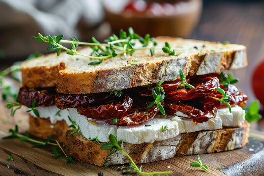 Sandwich of goat cheese sun dried tomatoes and thyme on a bright wooden board