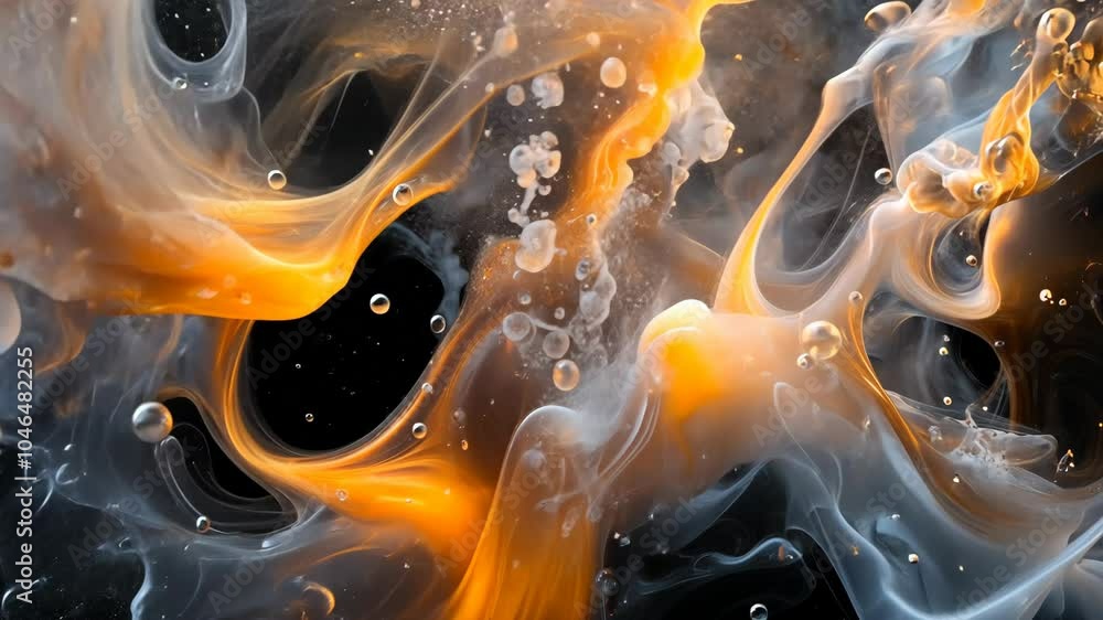 Poster orange and white ink swirls together in a mesmerizing pattern with bubbles floating around it