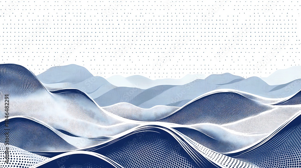 Poster abstract blue and white wave pattern landscape with a dotted background.