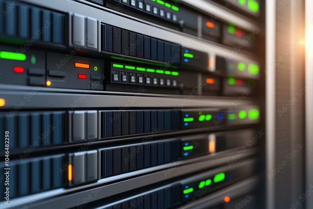 Poster close-up of data servers with colorful led indicators and storage drives.