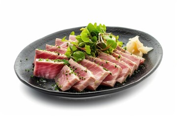 Seared tuna slices with citrus ponzu sauce on black plate Japanese style