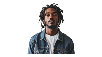 Young man with dreadlocks wearing a denim jacket and white shirt poses against a transparent background.