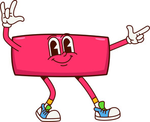 Cartoon math minus sign groovy character. Isolated vector cute and funny mathematics symbol for subtraction tasks with adorable playful expression and quirky smiling face. School math educational sign