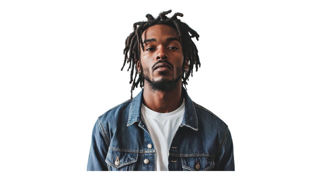 Young man with dreadlocks wearing a denim jacket and white shirt poses against a transparent background.