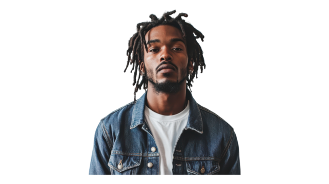 Young man with dreadlocks wearing a denim jacket and white shirt poses against a transparent background.