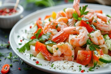 Shrimp salad with veggies and creamy sauce