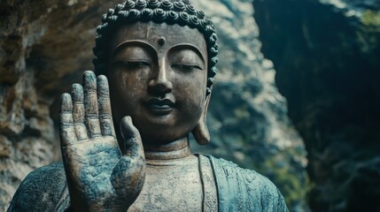 A serene bronze Buddha statue sits against a backdrop of rocky cliffs, evoking a sense of peace and tranquility.