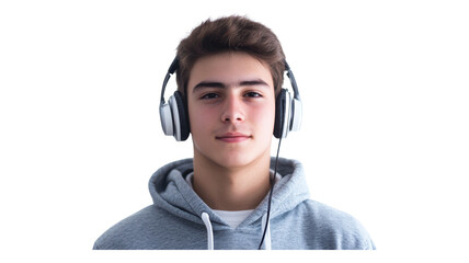 A young man wearing headphones in a gray hoodie, listening to music with a focused expression indoors.