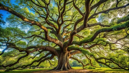 An old oak tree with a sprawling canopy and branches stretching towards the sky, sunlight filtering, tree silhouette, leafy, oak tree canopy