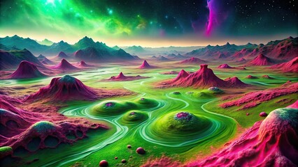 Alien magenta and green goo covering an otherworldly terrain, otherworldly, cosmic