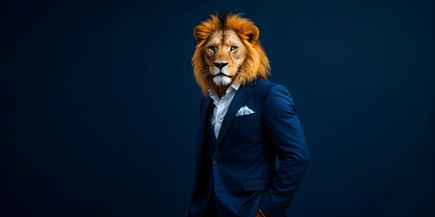 A lion dressed in a sharp blue suit, standing confidently. The combination of a regal lion with formal attire creates a striking, surreal representation of power and sophistication