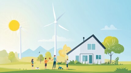 Family enjoying outdoor activities near a home wind turbine, sunny weather, promoting sustainable family life, positive energy message, perfect for stock,