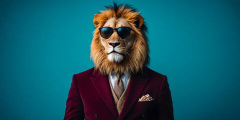  A lion wearing a sleek red suit and sunglasses exudes confidence and style. This blend of animal power with formal attire creates a bold, fashionable, and surreal visual