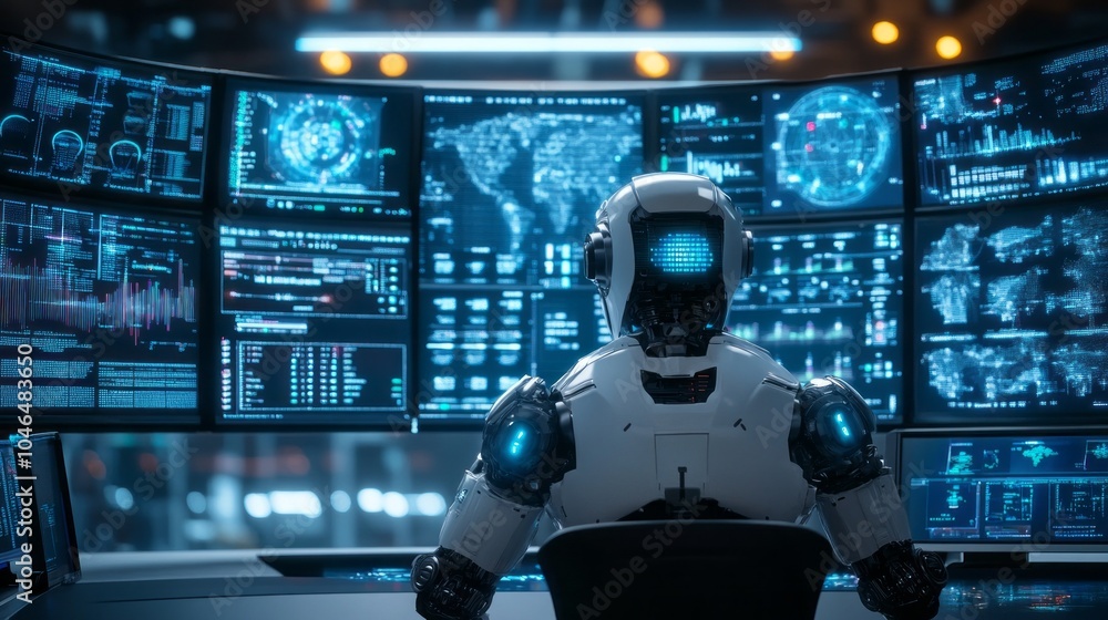 Fototapete a robot is sitting in front of a computer monitor with a blue screen