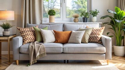 Fototapeta premium Cozy Living Room with Earthy Cushions on Gray Sofa and Greenery-Filled Bright Background