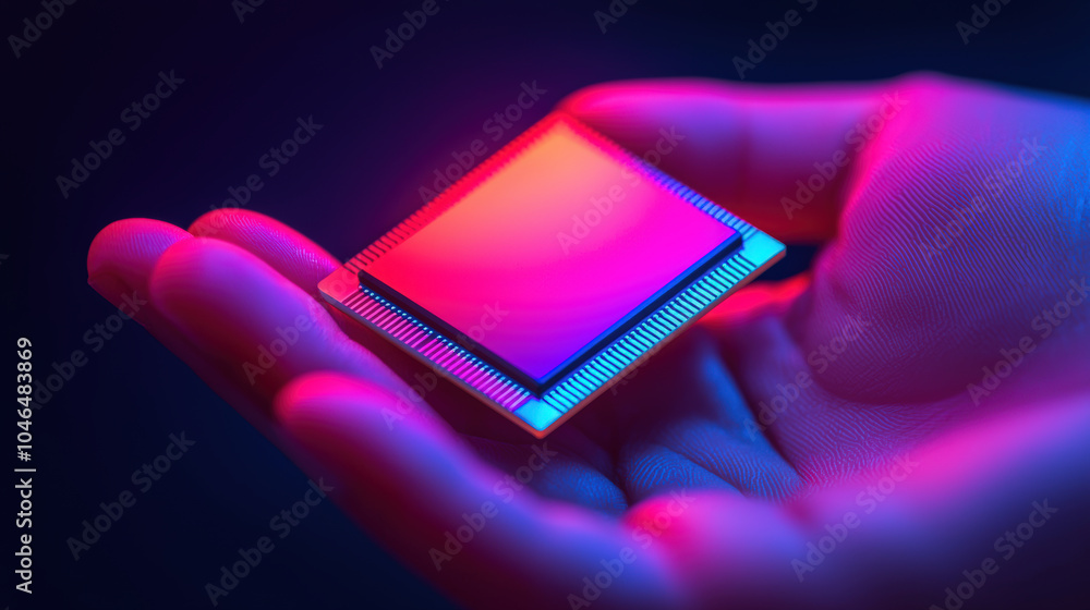Poster hand holds vibrant microchip, showcasing advanced technology in colorful glow. image captures essenc
