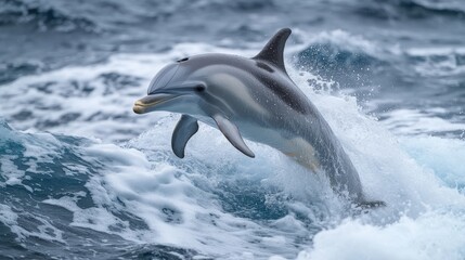 Fototapeta premium A dolphin leaps out of the ocean waves, showcasing its agility and grace in marine life.