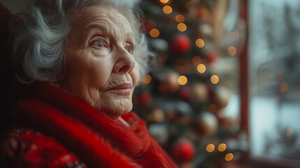 Obraz premium Close-up of an elderly woman wearing a red scarf, gazing thoughtfully out the window with a Christmas tree blurred in the background. 