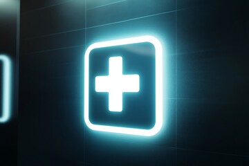 Obraz premium A glowing teal square cross sign illuminated against a dark tiled wall, emitting a soft light