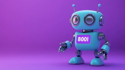 An adorable robot holding a 404 error sign, isolated on a purple backdrop.

