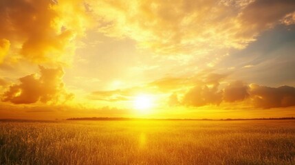 Golden hour sky over a field, warm and inviting colors, glowing clouds, calm landscape, ideal for nature-themed stock backgrounds,