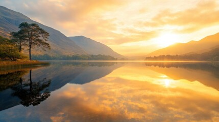 Golden sky during sunrise, clear reflection on a calm lake, warm and inviting, nature-focused, suitable for peaceful stock backgrounds,