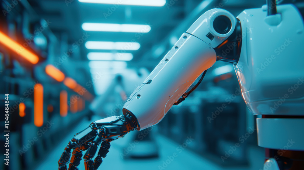 Poster robotic arm in high tech factory setting showcases advanced technology and automation. environment i