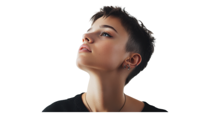Young person with short hair gazes upward thoughtfully against a transparent background, capturing an introspective moment.