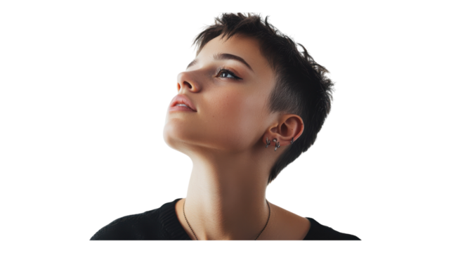 Young person with short hair gazes upward thoughtfully against a transparent background, capturing an introspective moment.