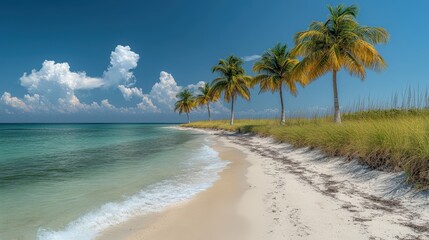 A serene beach scene with palm trees, clear water, and a sandy shore under a blue sky.