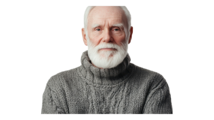 An elderly man with a white beard and gray sweater poses for a portrait against a transparent background, showcasing his wise demeanor.