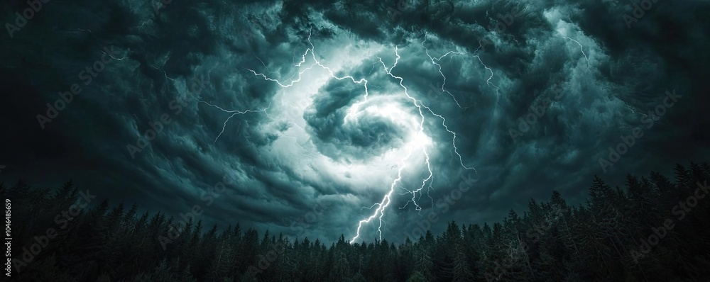 Poster dark swirling storm clouds illuminated by lightning over a dense forest.