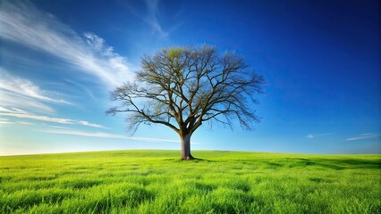 Obraz premium A single, solitary tree stands alone in a vast expanse of green grass, its branches stretching upwards like skeletal fingers against the bright blue sky, landscape, solitude, calm, isolation