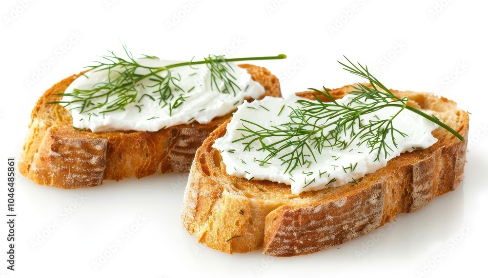 Wall mural toasted bread with cream cheese and dill on a white background isolated