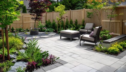 Tidy patio with seating area and garden by fence