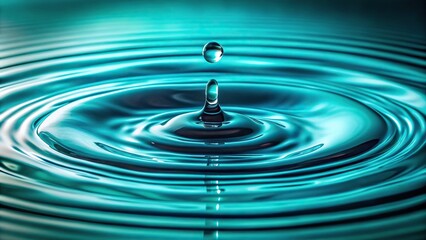 A single droplet of cyan liquid lands on the surface of a still pond creating concentric circles and ripples in the surrounding water, subtle movement, calm environment
