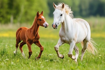A young foal playfully running beside its mother in a lush green pasture, capturing the joy and innocence of youth and the bond between mother and child in the animal kingdom.