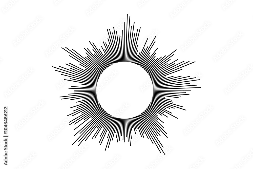 Poster circular sound waves, radial spectrum designs, ring lines patterns.